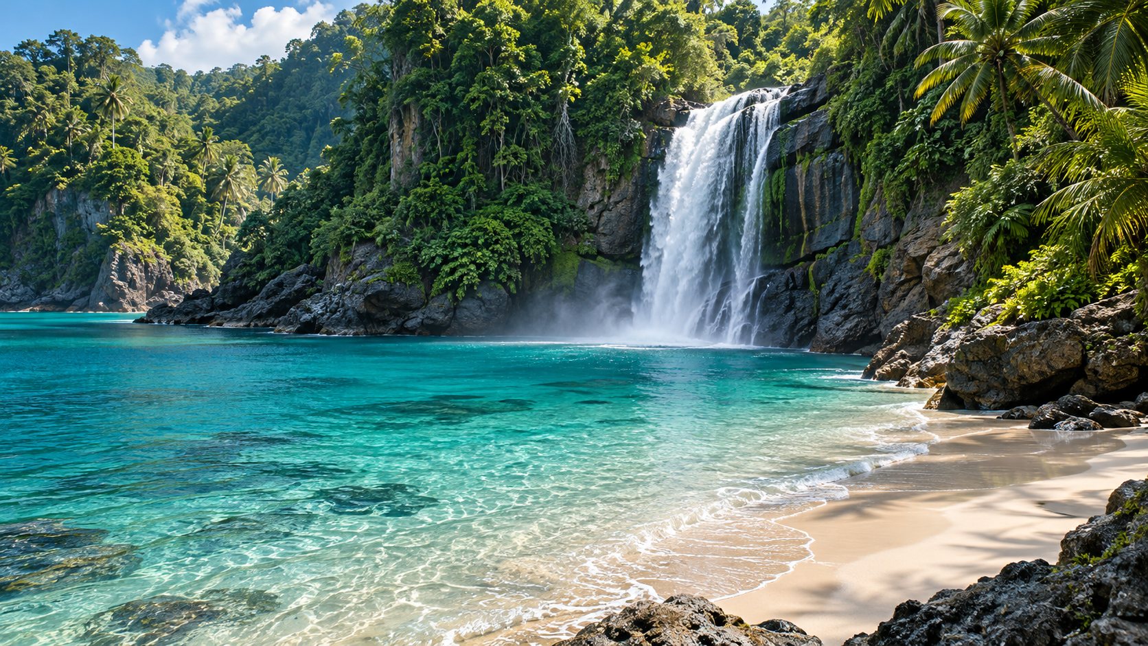 Tropical beach and lush forest from the TravelHello website
